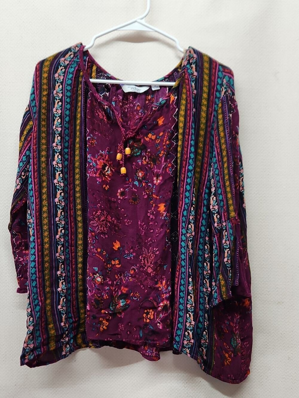 Indigo Purple Floral Boho Peasant Top with Multicolor Stripes